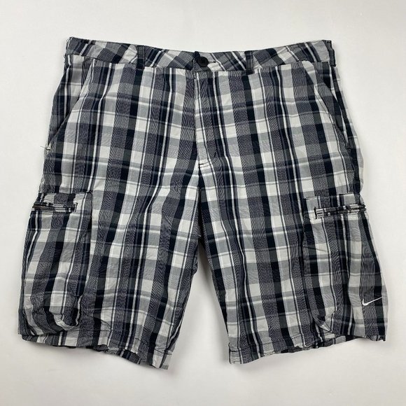 Nike Other - Nike Athletic Department Cargo Shorts Mens 36 Check Plaid Cotton 11" Black Gray